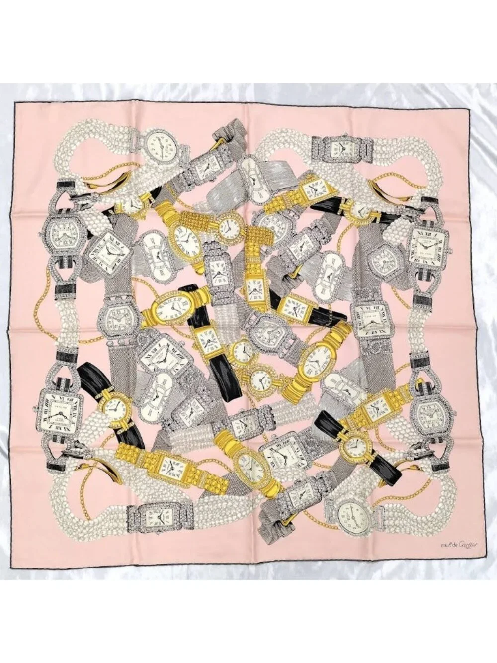 Cartier Large Scarf Silk 100% Clock Motif Pink